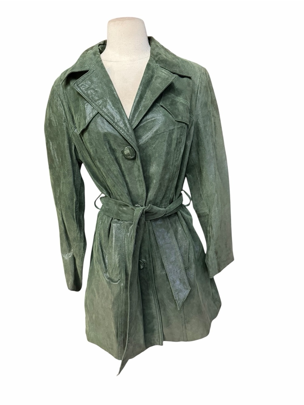 Late 80s/Early 90s Kenar 100% Leather Rich Forest Green Leather Lined Trench Coa